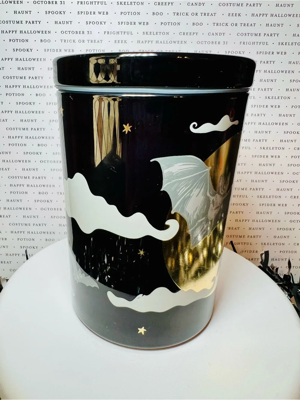 Halloween Glass Bats & Moonlight 1 Wick Candle Black and Gold Midnight Mahogany
